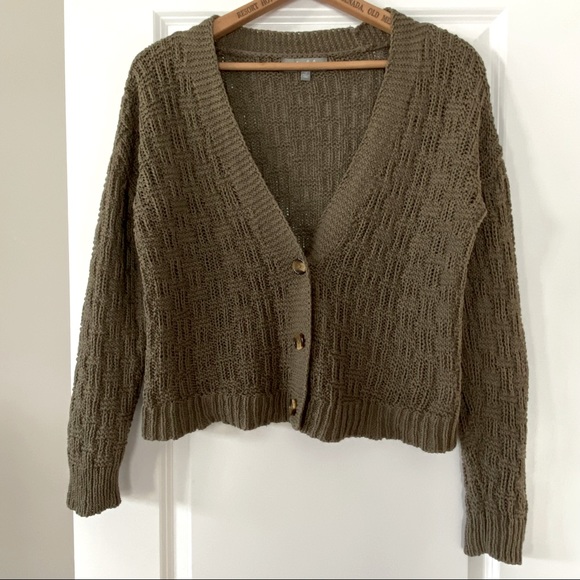 Marled Sweaters - Marled Reunited Clothing Olive Basketweave Loose Knit Cotton Cardigan Sweater